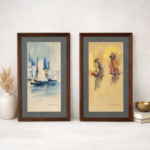 Vintage Mid Century Modern Sailboat Watercolor Pair Signed Hae Weill MCM